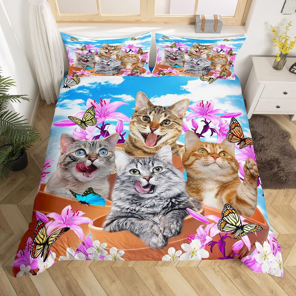 Cute Cat King Queen Duvet Cover Kitten Bedding Set Purple Floral Butterflies Polyester Quilt Cover Pet Animal Comforter Cover