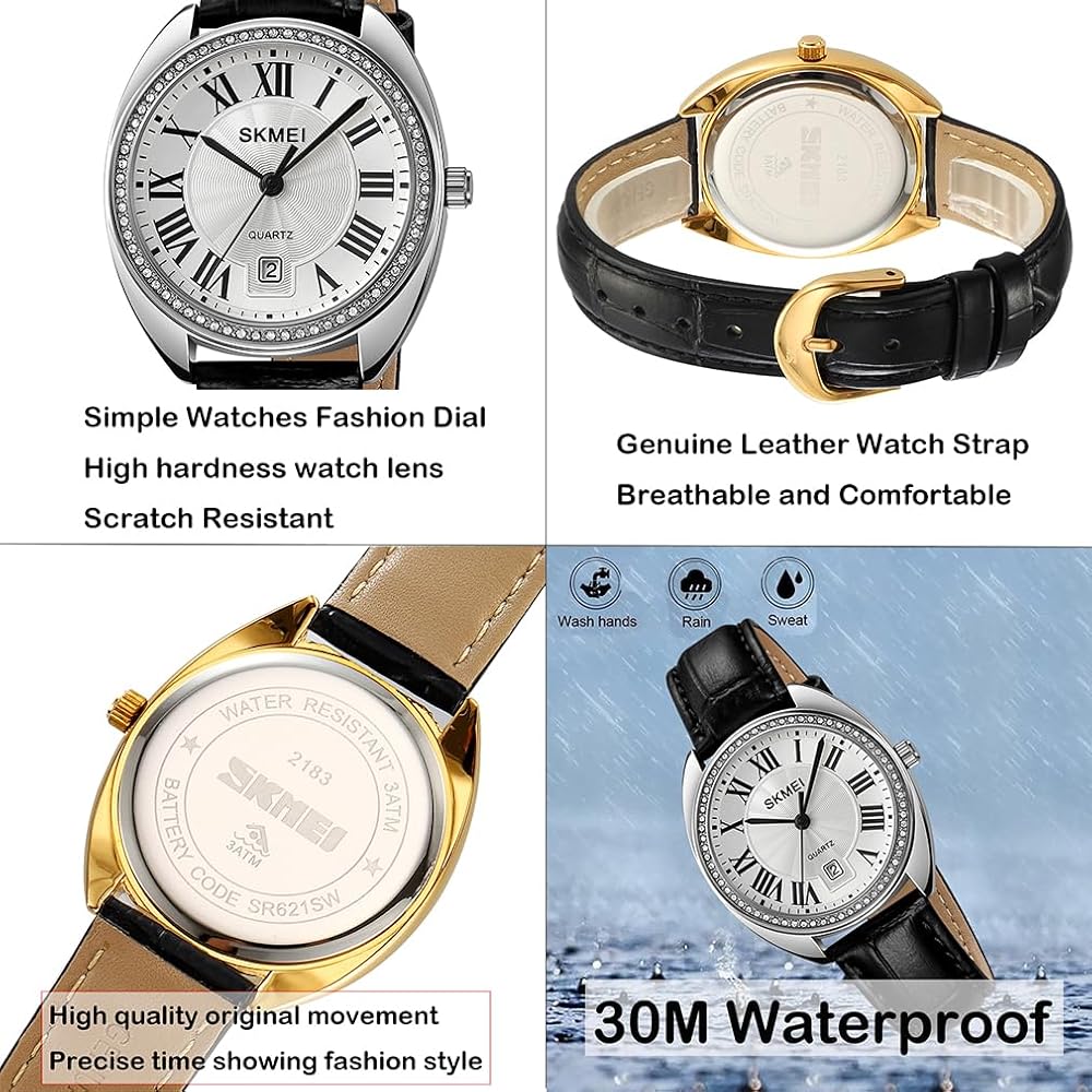 "Elegant Women's Analog Watch Black Silver Leather Strap Lightweight Waterproof Casual Business"