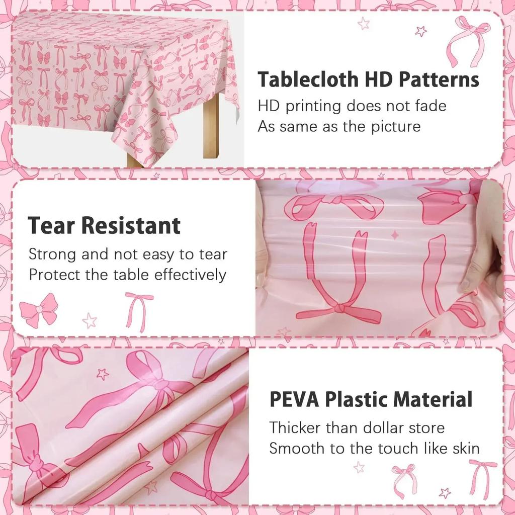 Elegant Coquette Birthday Tablecloth Large Pink Bow Rectangle Table Cover for Girls Birthday Party Stylish Decorations