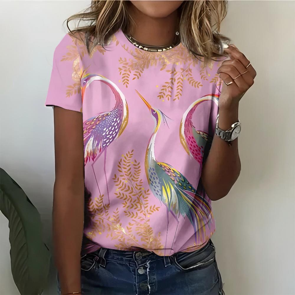 

Elegant Crane And Golden Leaf 3d Print Women s T-shirt Casual Fashionable Comfortable Pink Short Sleeve Top S