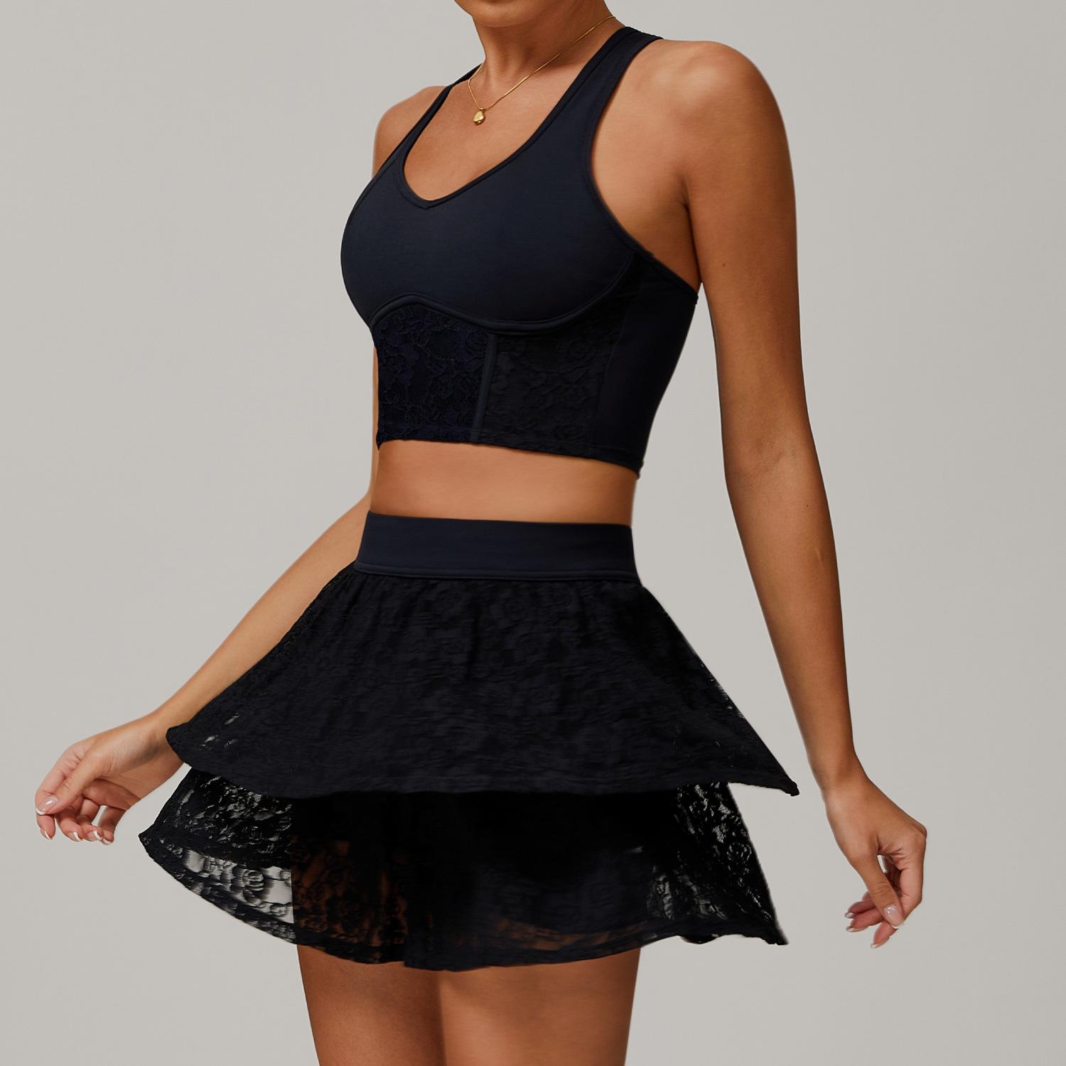 

Новый кружевной нюдовый комплект для йоги с дышащей сеткой для бега и юбкой для тенниса с защитой от бликов, спортивный комплект из двух предметов для женщин S