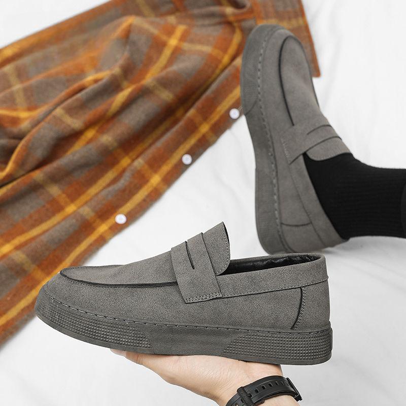 Thick Sole Soft Suede Male Casual Shoe Round Toe Men's Leather Shoes Moccasin Loafers Platform Height Increasing Slip-on Retro