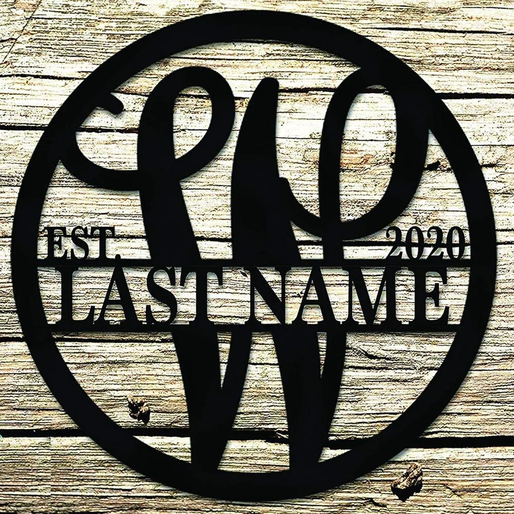 Metal Wall Art Sign Personalized Monogram Initials for Front Door Wedding Anniversary Gift Family Name Outdoor Decoration