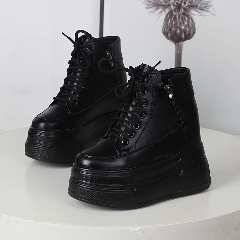 13CM Microfiber Genuine Leather Vulcanize Summer High  Comfy Spring Autumn Platform Women Chunky Sneaker Loafer Shoes