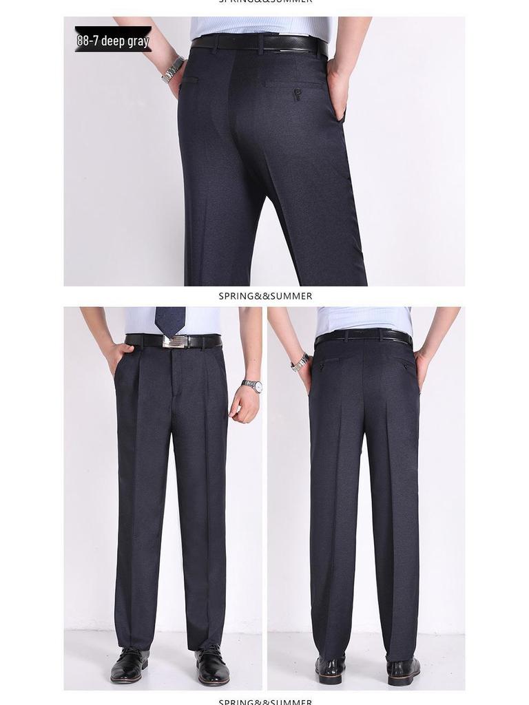Men's Summer Mulberry Silk Dress Pants: Double Pleated, Loose Fit, Straight Leg, High Waist, Deep Crotch.