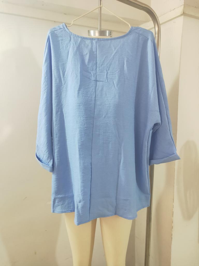 Women's V Neck Three Quarter Sleeve Blouse Loose Fit Elegant Commuter Solid Button Down Spring Casual Shirt Top