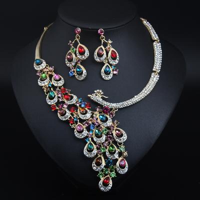 Übertriebenes Kristallpfauen-Halsketten-Ohrring-Set Brautbankett-Kleid Damen-Modeaccessoires