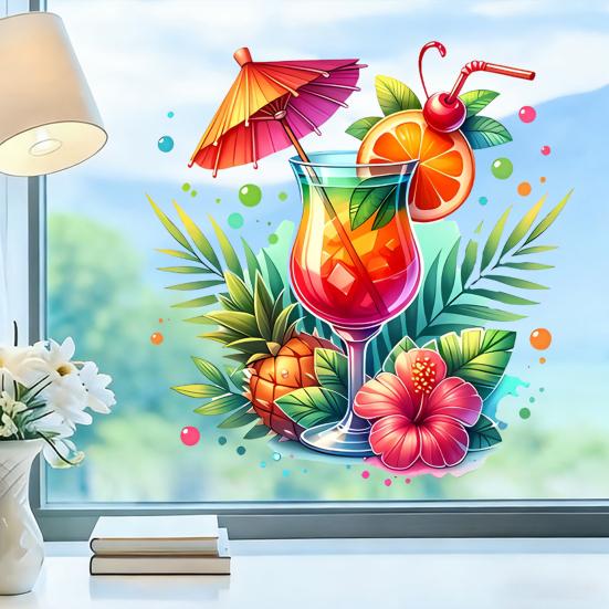 Summer Window Clings Cocktail Pineapple Hibiscus Flower Beach Pool Party Static PVC Stickers for Hawaiian Tropical Theme Home Decor