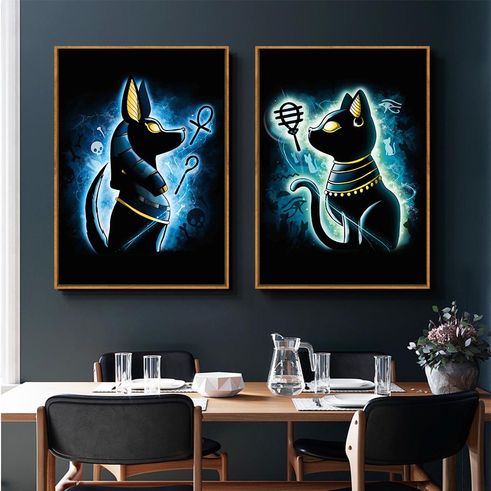 Cartoon Egyptian Mythology Anubis Bastet Print Poster Canvas Painting Modern Wall Art Picture For Living Room Bedroom Home Decor