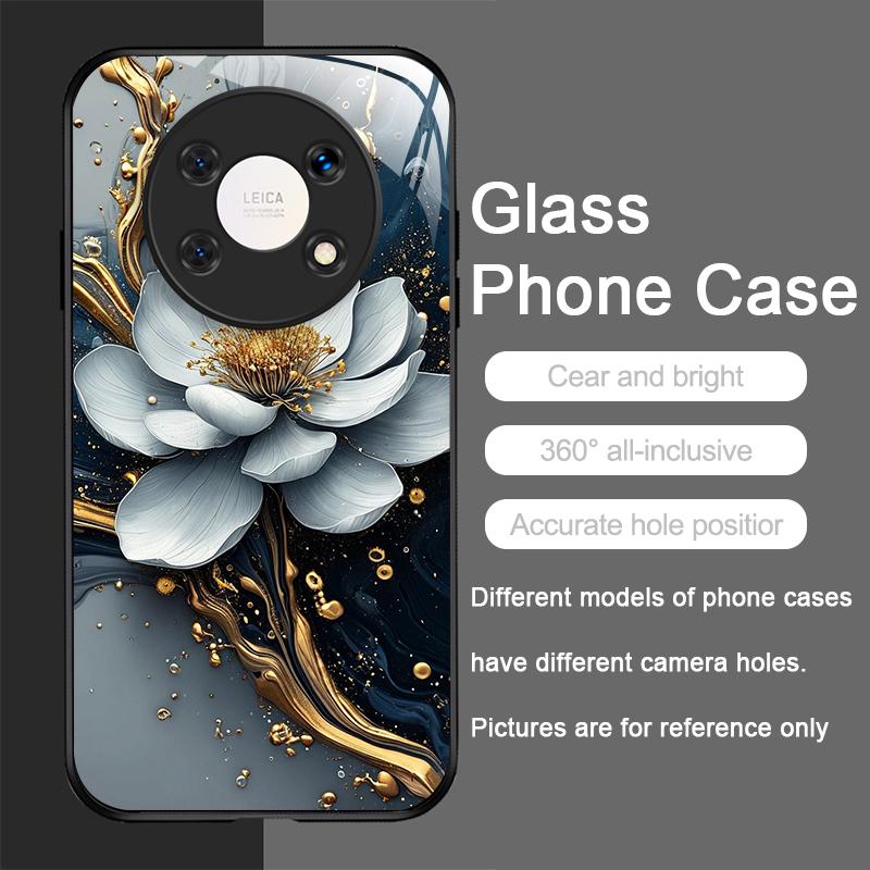Elegant Lotus Artistic Flower Pattern Tempered Glass Phone Case for Huawei Nova 13 12 SE 11 10 Pro Mate 40 30 P60 P40 5G Covers