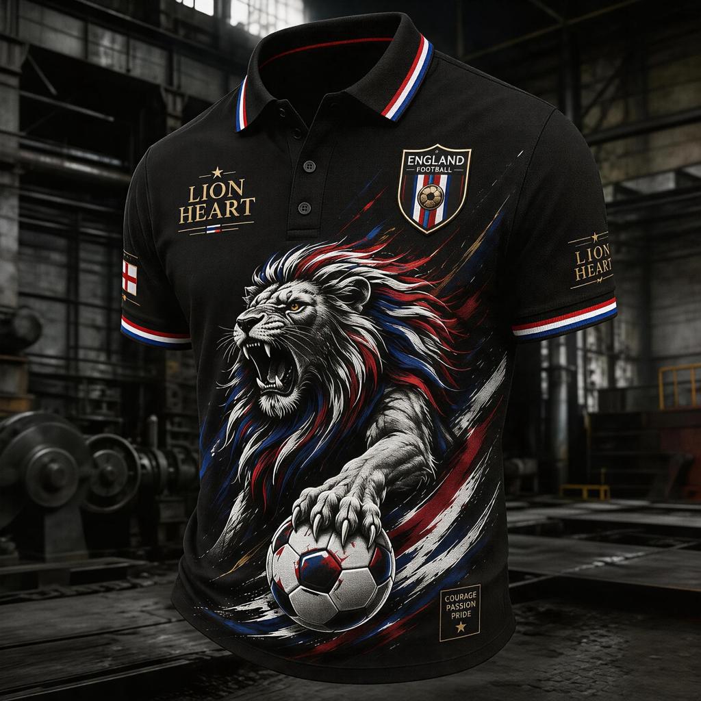 Men's Football Polo Shirt England Inspired Classic Fit Short Sleeve Sports Jersey Breathable Lightweight Fabric