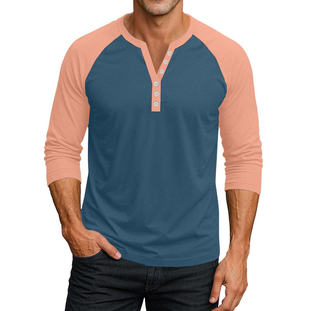 Men's Button-Down Contrast Raglan 3/4 Sleeve Top