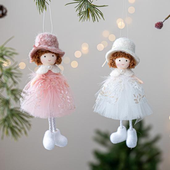 Christmas Angel Doll Hanging Decoration Top Hat Lace Dress Long Legged Plush Girl Hanging Ornament Holiday Party Pendant