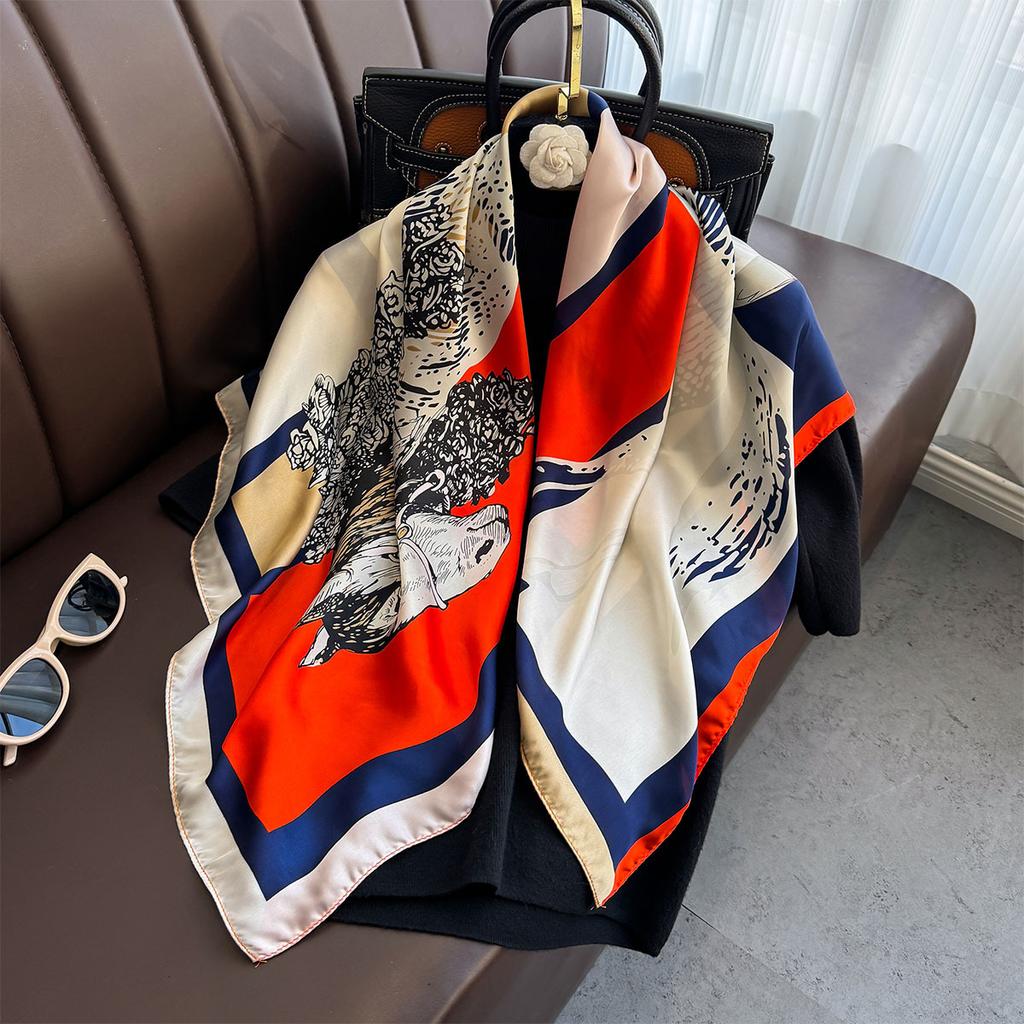 90×90Cm  Satin Shawl Design Flowers Silk Square Women Neck Scarves Wrap Headkerchief Beach Hair Band Women'S Bandana