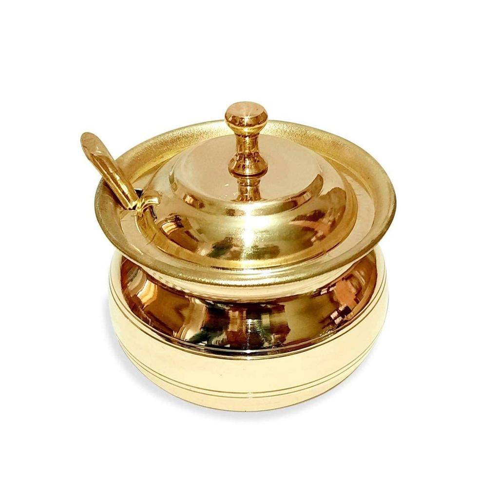 Golden Brass Multipurpose Ghee Pot/Pickle Container 400 ML with Embossed Designer Spoon …