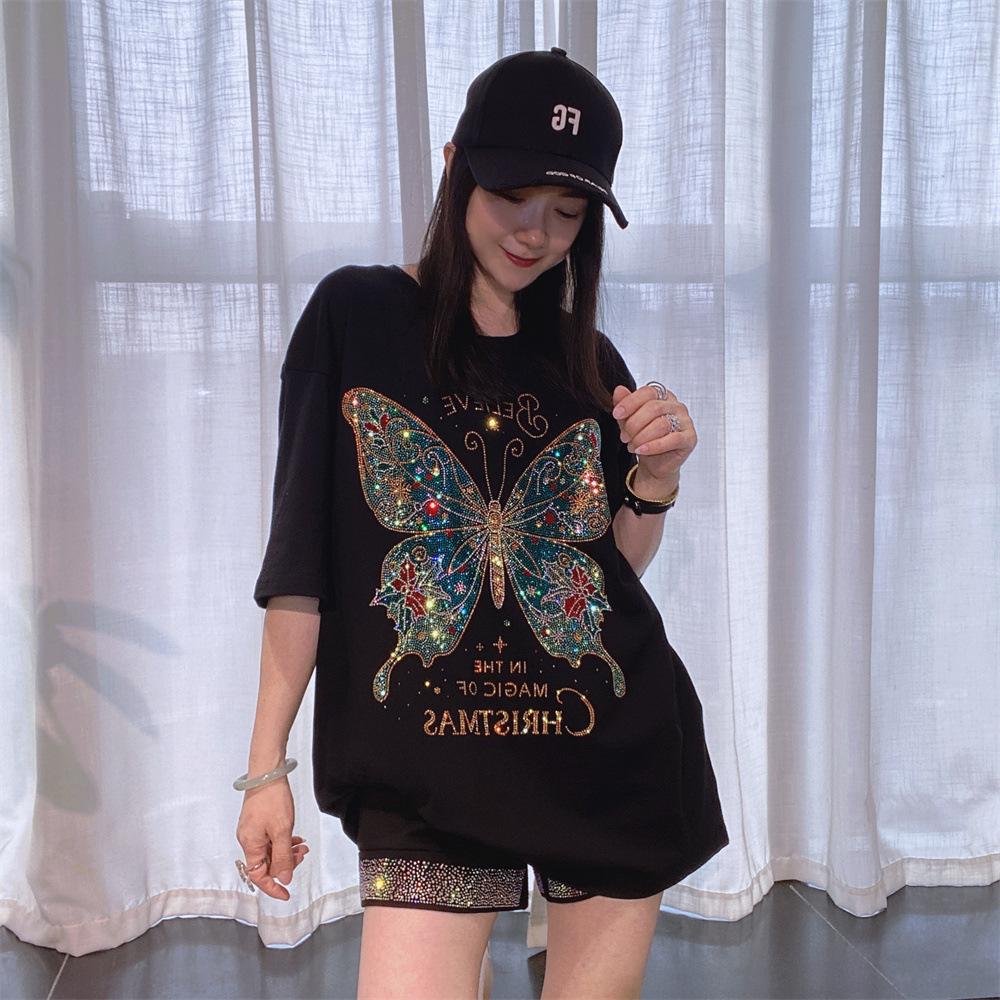 Plus Size Colorful Cartoon Bufferfly Diamonds Short Sleeve Tees for Women Clothing Summer Casual Loose O Neck T Shirt Knitwear