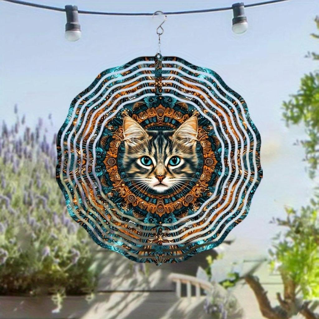 10 Inch Cat Wind Chime Outdoor Garden Decor with 360 Degree Hook Vibrant Blue Gold Design for All Seasons Home Yard Hanging