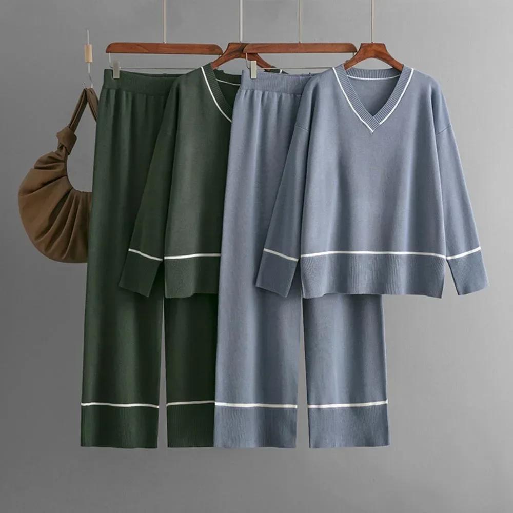 Circyy Knitted Sweater Women Pants Sets Patchwork Pullovers Wide Leg Trousers Autumn Winter New Two Piece Sets Womens Outifits
