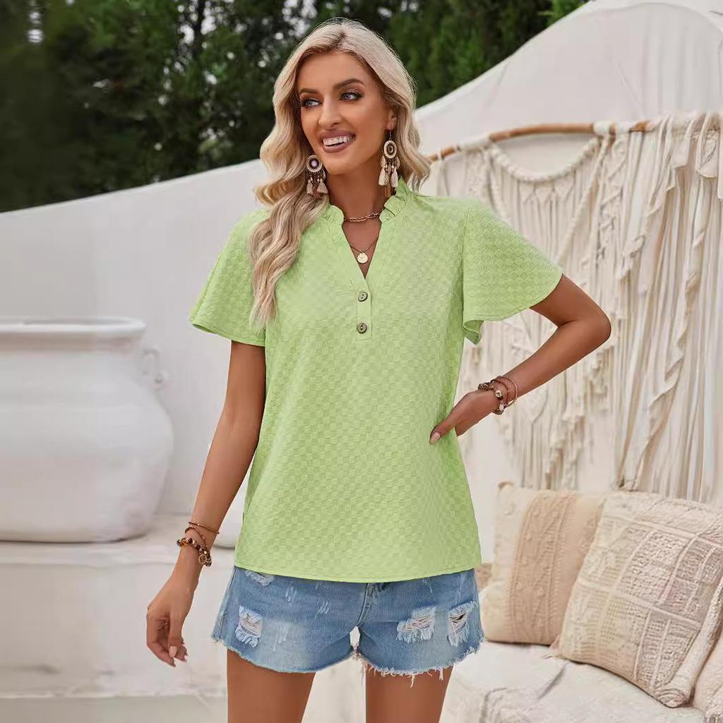 Spring Summer Fresh Casual Women'S Pullover Plaid V-Neck Button Lace Collar Decoration Slim Straight Tube Short Sleeved Top T-Shirt Blouse