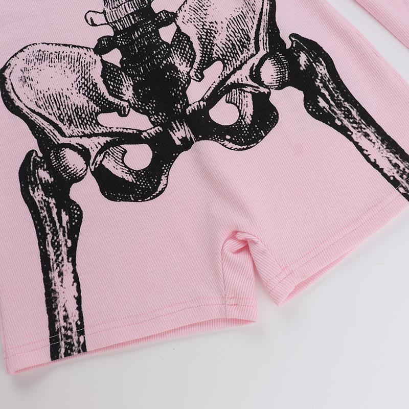 AltGoth Dark Goth Hotsweet Jumpsuit Damen Y2k E-Girl Totenkopf Print Langarm O-Ausschnitt Hohe Taille Strampler Punk Grunge Indie Kleidung