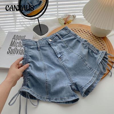 Pantalones cortos de mezclilla de cintura alta para mujer, pantalones elásticos de corte A con cordón y tirantes ajustados de verano