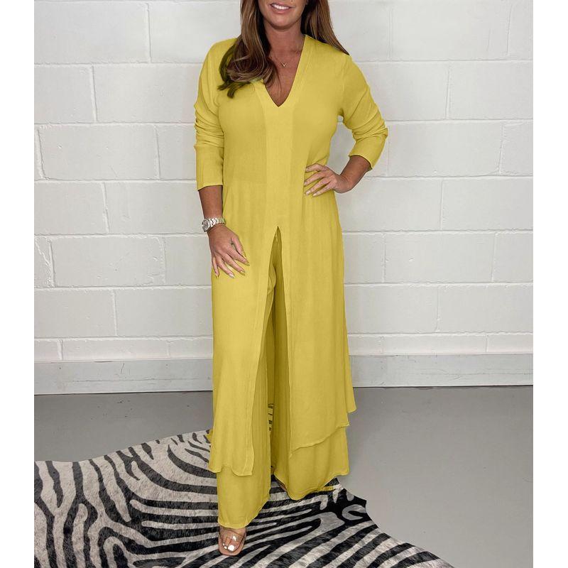 Plus Size Women's Clothing Chubby Girl Autumn New Fashion Solid Color and V-neck Split Long Sleeve Shirt Pants Two-piece Set Suit