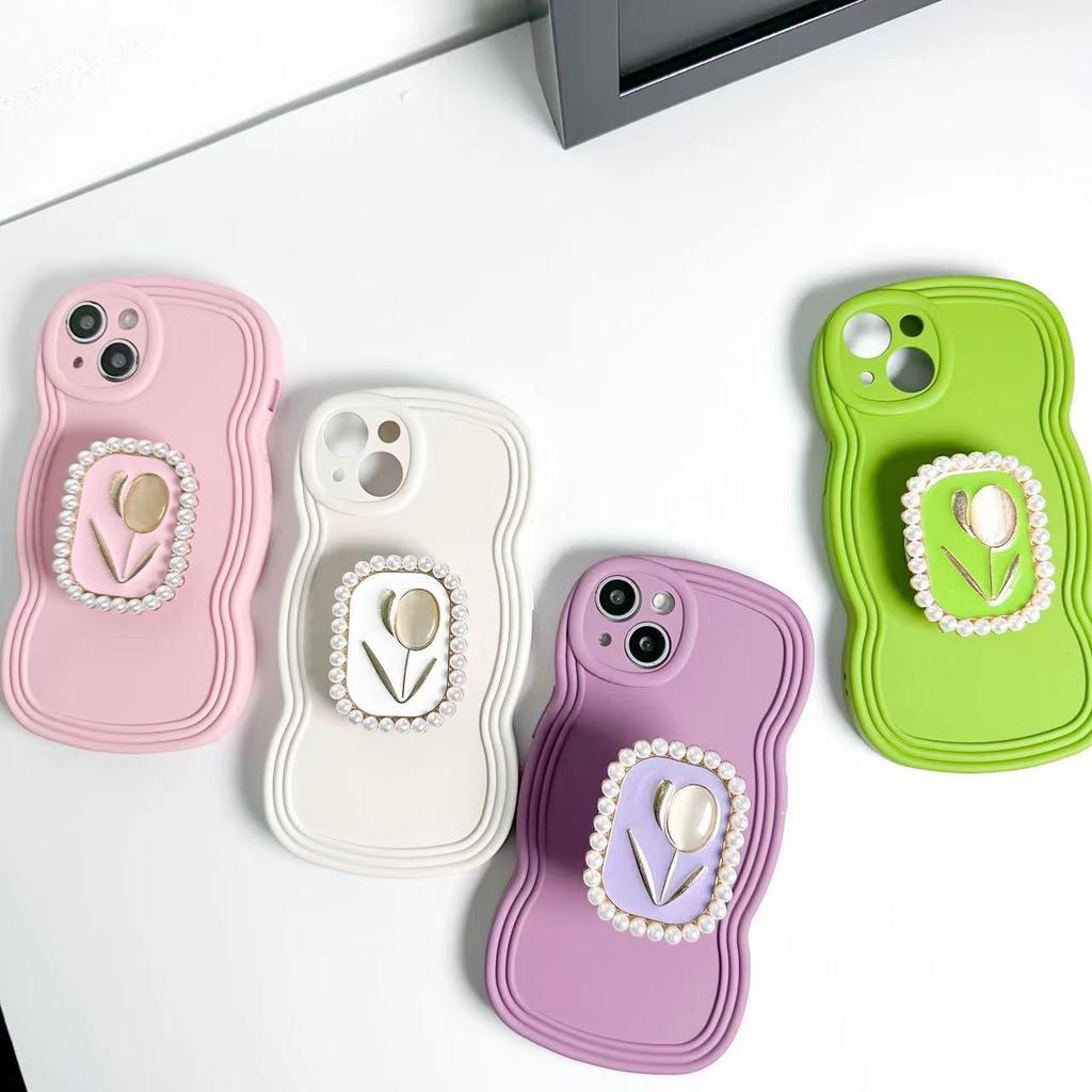 Funda para teléfono estilo palaciego con flor de perlas y soporte para iPhone 14 Pro Max / 13 Pro / 15