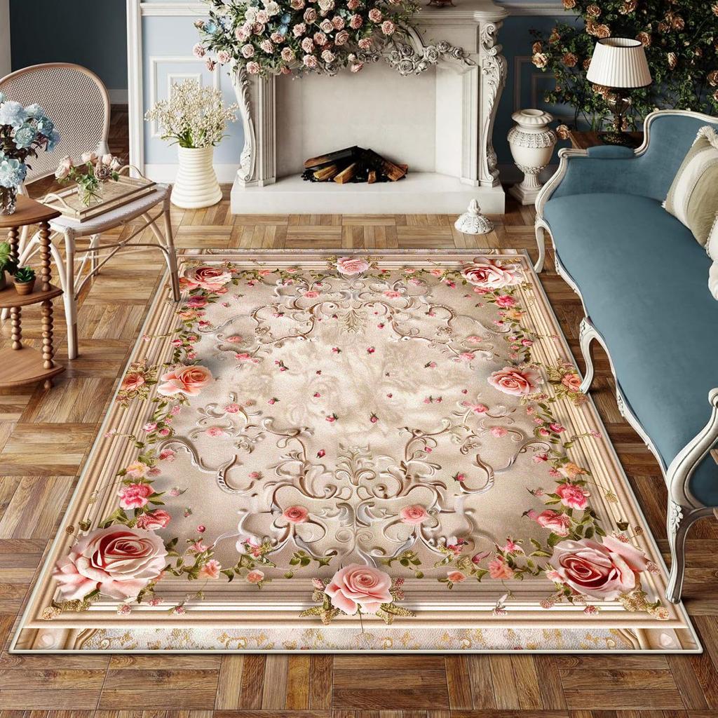 Europäischer Stil Rutschfest Großer Wohnzimmerteppich Blumendesign Raumdekoration Ästhetischer Schlafzimmerteppich Schminktischmatte Waschbar