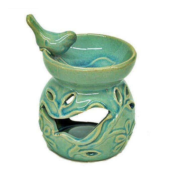 Brûleur à huile en céramique - EDEN - Oiseau vert - Compact - Diffuse huiles essentielles - Porcelaine