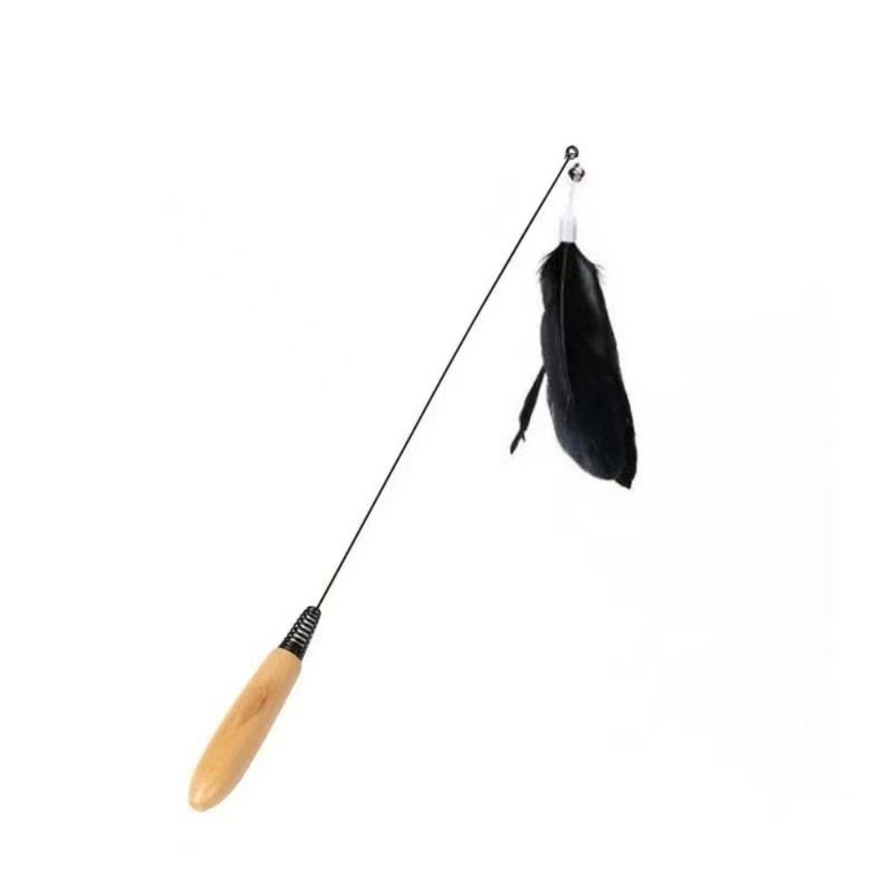 Wooden Handle Spring Teasing Cat Stick Simulation Fishing Rod Interactive Cat Teaser Stick Feather Replaceable Bell Squeaky Cat