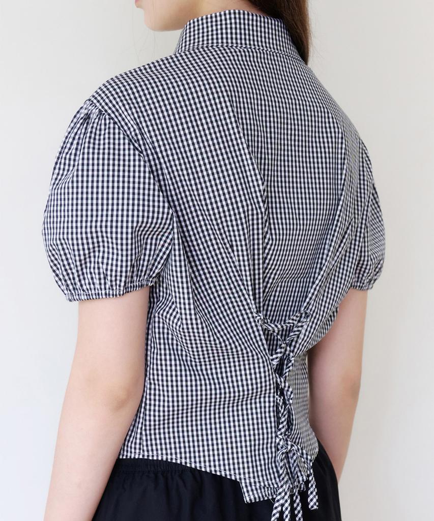 Alkialka Check Puff-Sleeve Blouse (Black)