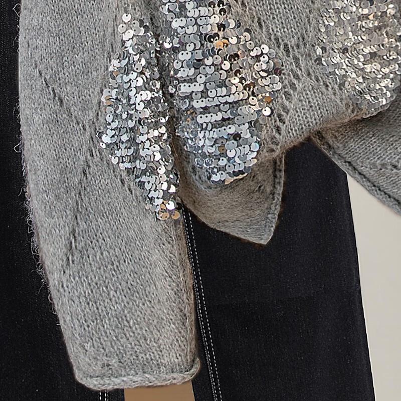 Women's Sequin Drop Shoulder Round Neck Knit Sweater