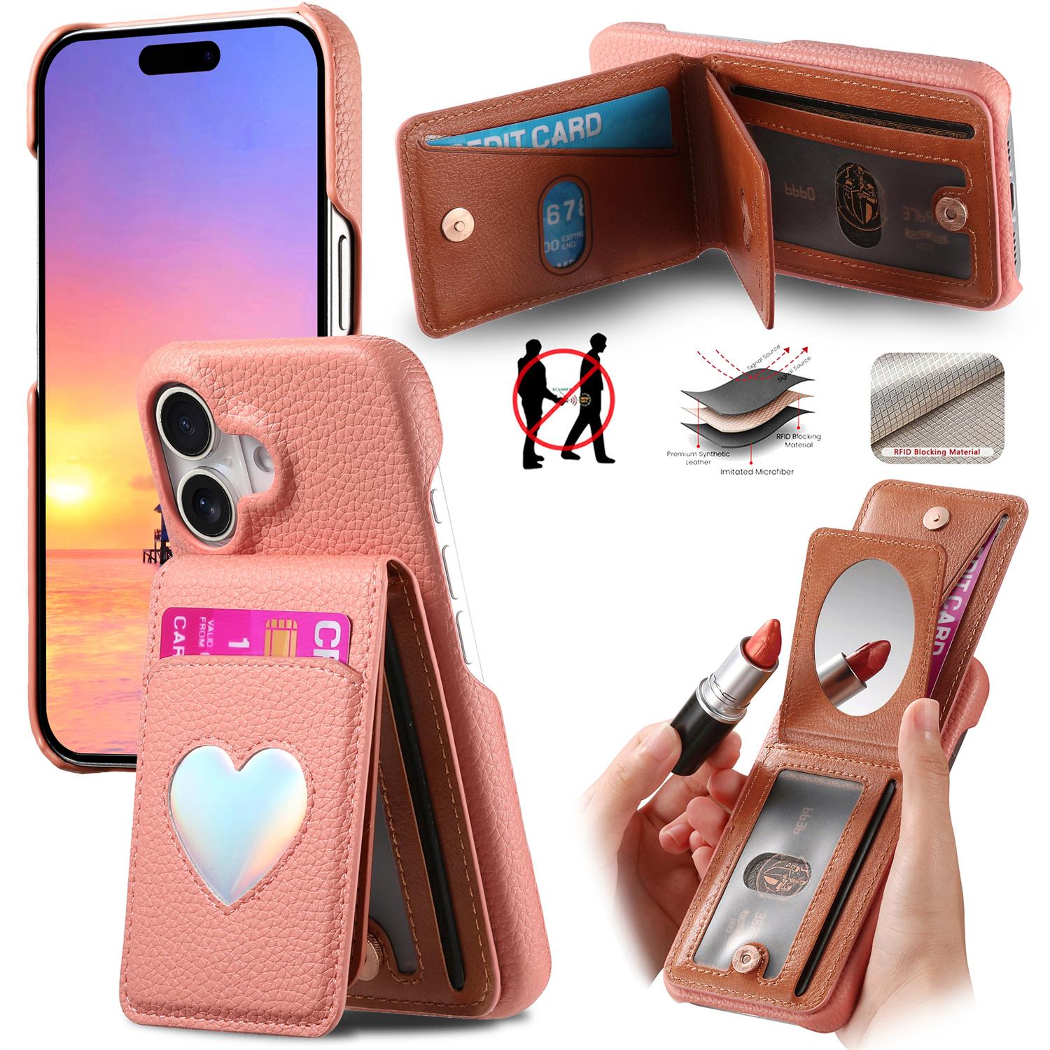 

For iPhone 16 Case with Mirror Card Holder RFID Blocking Litchi Texture PU PC Phone Back Cover Pink