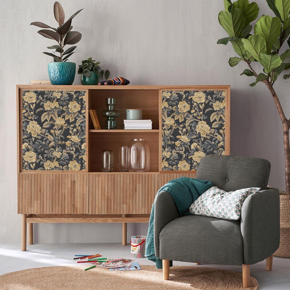 1pc Golden Flowers Self-Adhesive Wallpaper Black Background Removable Wall Stickers Peel and Stick DIY Friendly Water-Resistant Vintage Wall Decor