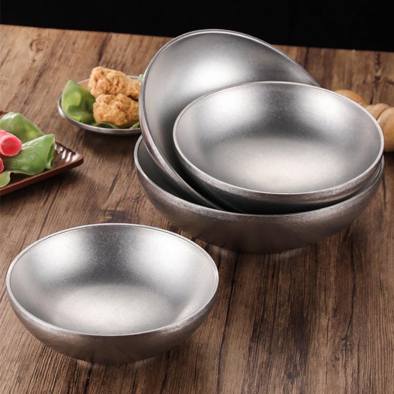 Vintage Nostalgic Stainless Steel Ramen Bowl Double Layer Dough Bowl Mixed Noodle Rice Soup Bowl Salad Bowl Cold Noodle Bowl
