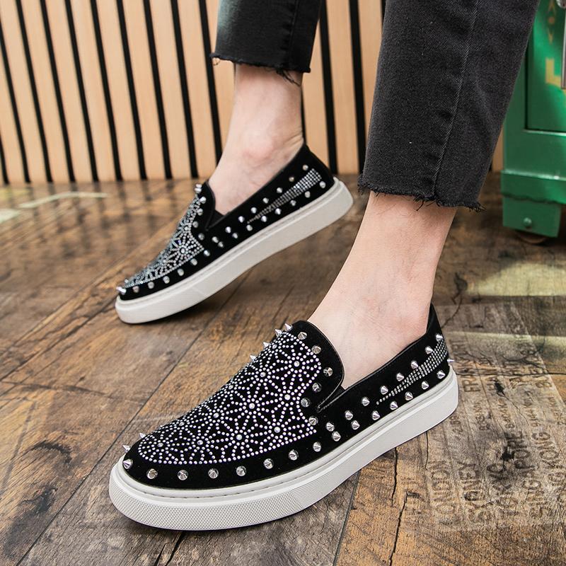 Fashion New Luxury Designer Men's All Match Platform Silver Rhine Rhinestone Causal Shoes Flats Male Rock Punk Loafers Zapatos Hombre
