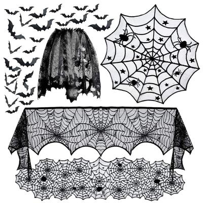 Halloween Decoration Lace Spider Web Skeleton Skull Tablecloth Black Fireplace Mantel Scarf Event Party Decoration Supplies