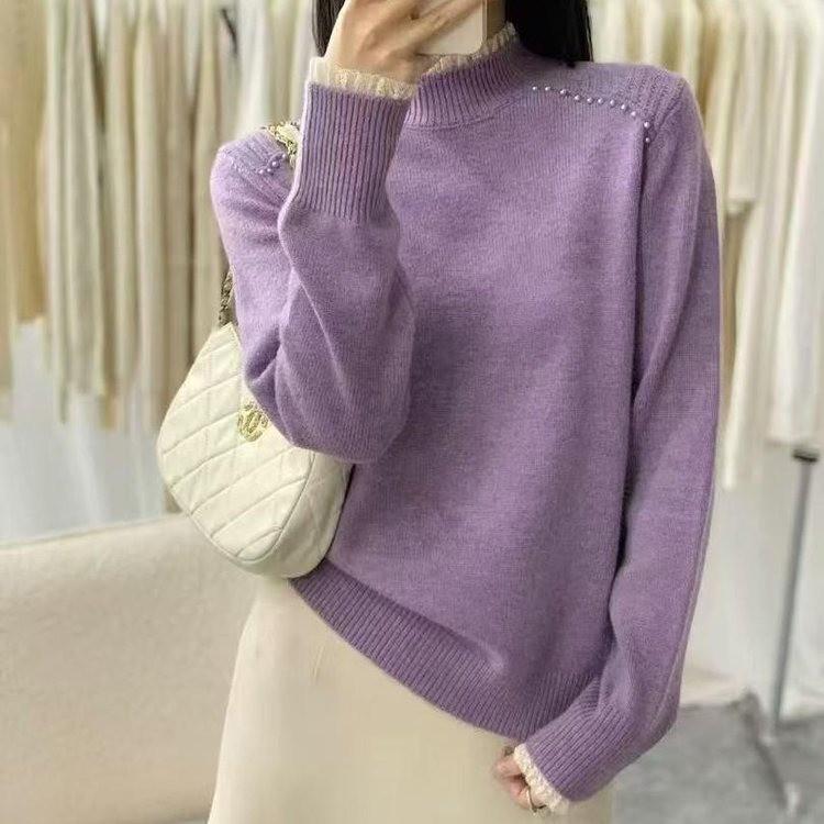 2025 Autumn/Winter Women's Stylish High Neck Ruffle Knit Sweater Pullover in Apricot