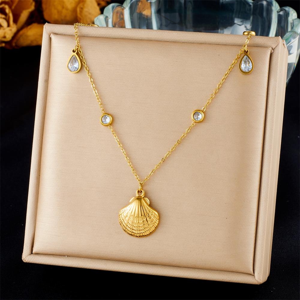 DIEYURO 316L Stainless Steel Golden Zircon Sun Flower Shell Pendant Necklace Lady New Fashion Neck Chain Jewelry Party Gift