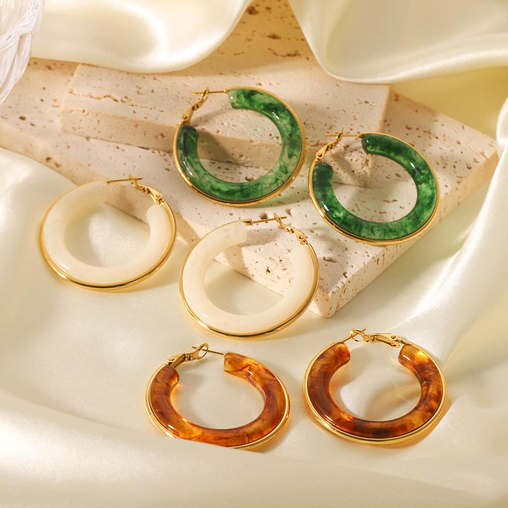French Vintage Style Stainless Steel Hoop Earrings, Resin Earrings for Women, Elegant High-end Ear Jewelry, Niche Design