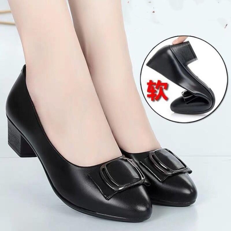 Shoes Autumn New Medium Heel Single Shoes Soft Leather Soft Sole Non-slip Comfortable Versatile Women's Leather Shoes Medium Women's Shoes