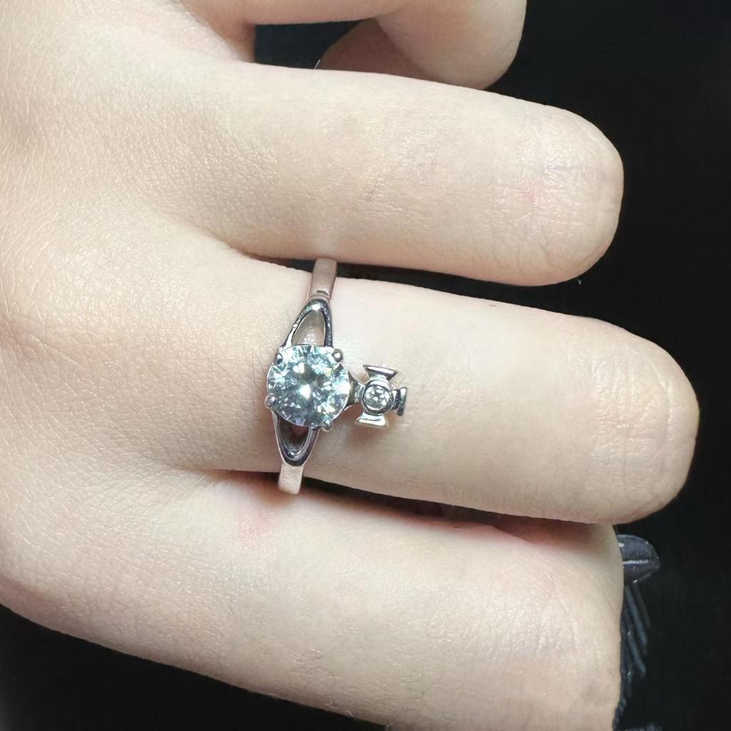 Vivienne Westwood Style Four-Prong Planet Ring, CZ Saturn Ring for Women, Minimalist Fashion Jewelry, Silver