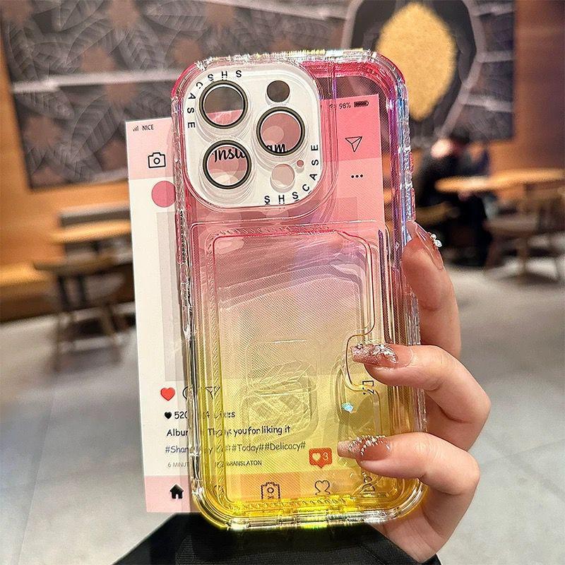 Colorful Bright Gradient Card Slot Wallet Clear Case For iPhone 16 Plus 15 14 13 12 Pro Max Candy Color Bumper Soft TPU+PC Cover