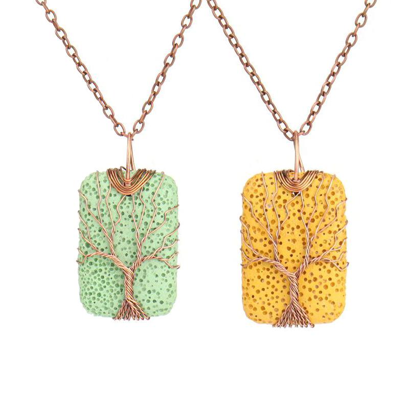 Hand-Wound Rectangular Volcanic Stone Tree Of Life Pendant Necklace, Couple Necklace N525