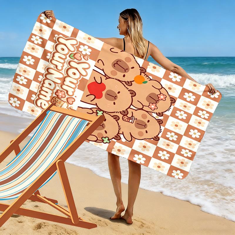 Name Custom Capybara Cartoon Print Beach Towel, Large Soft Quick Dry Towel for Beach Camping Swimming
