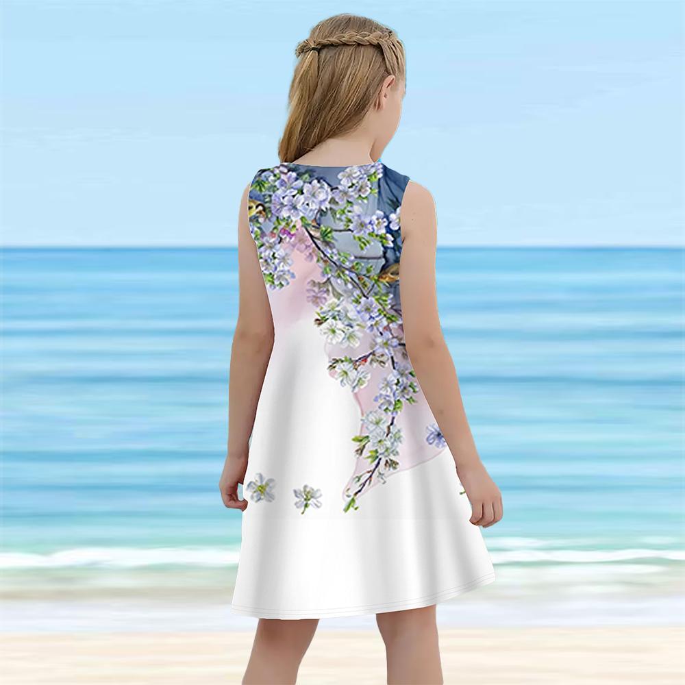 Dziewczęca sukienka bez rękawów 3D różowe gałęzie nadruk lato codzienna słodka swobodna słodka dziecięca sukienka w kształcie litery A sukienka bez rękawów