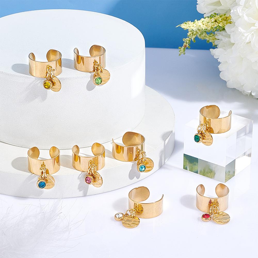 8Pcs 8 Color Birthstone Rhinestone & 201 Stainless Steel Flat Round Charm Rings Set 304 Stainless Steel Open Cuff Rings Golden Inner Diameter: 17~18mm