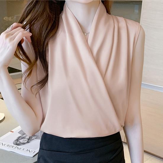 Wrap V-Neck Sleeveless Slim Fit Women Top Solid Color Satin Blouse