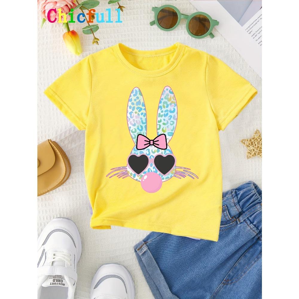 Summer EASTER Cute Bow Rabbit Print Childrens Cotton Tshirt Casual Trendy Girls Short Sleeved Shirts Fashion Kids Clothes Tees