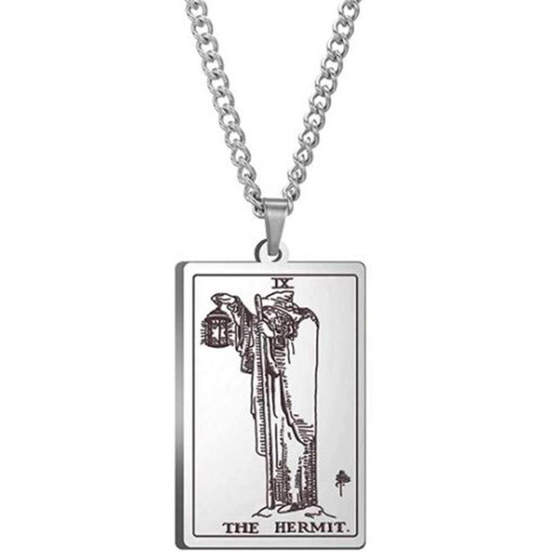 Tarot Stainless Steel Necklace Men'S Hip Hop Personality Retro Square Pendant Sweater Necklace